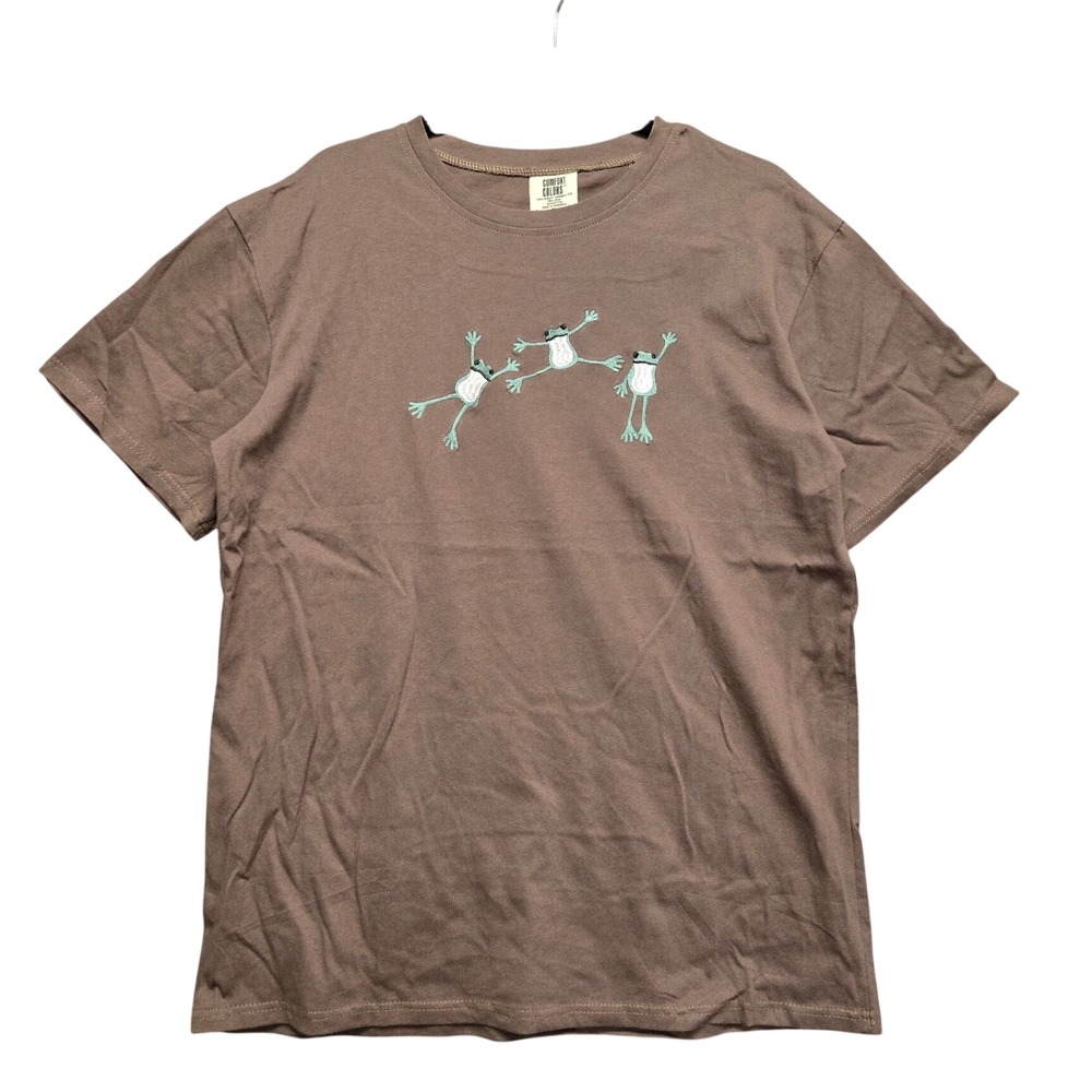 Comfort Colors Brown Embroidered Frogs T-Shirt Large Heavyweight Cotton Tee